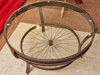Round Glass Top Cocktail Table Black Finish Aluminum Bicycle Wheel Base