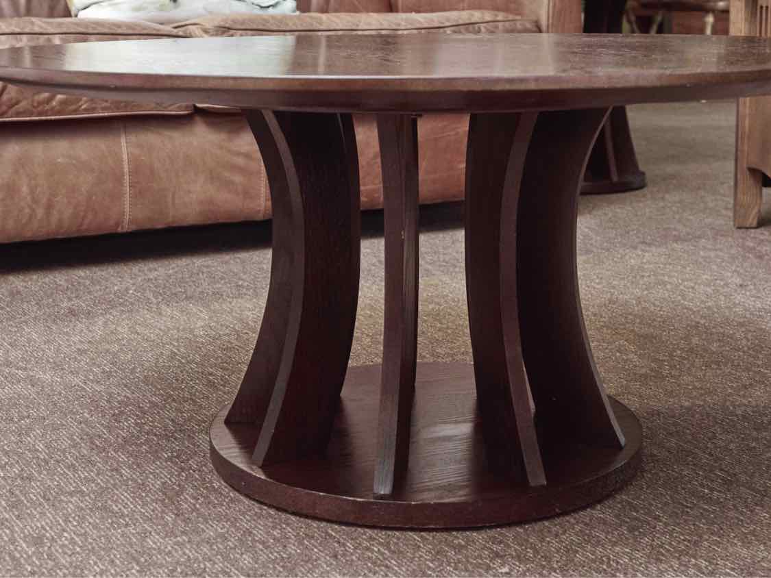Brown Stained Oak Round Cocktail Table with Open Pedestal Base