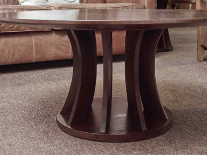 Brown Stained Oak Round Cocktail Table with Open Pedestal Base