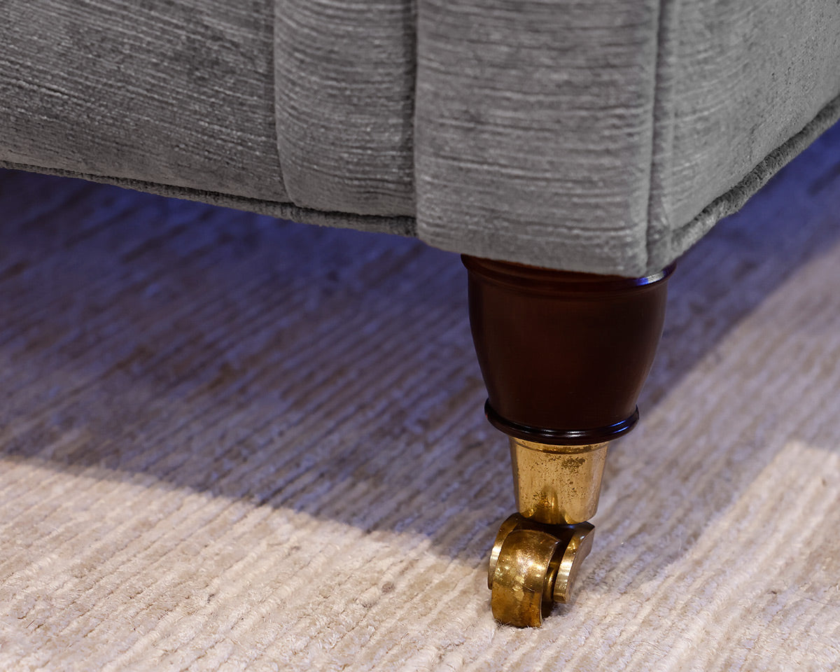 Gray Sofa w/ Rolled Arms and Spindle Wood Feet w/ Gold Casters