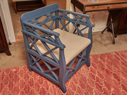 Pair Of Blue Finish Lattice Cushion Accent Chairs