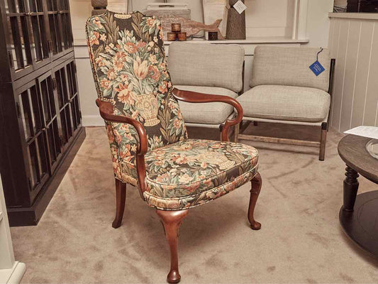 Hickory Cherry Gooseneck Arm Chair with Floral Tapestry  Upholstery