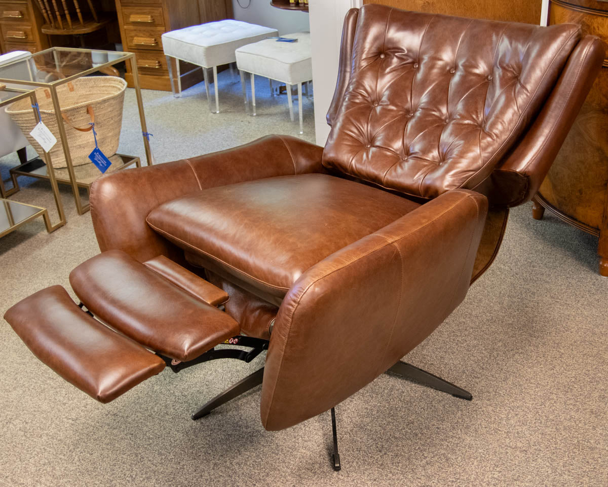 Pottery Barn Wells Tufted Swivel Recliner in Molasses Leather