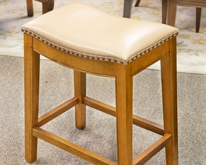 Pair of Counter Stools in Buff Faux Leather on Honey Finish Frame