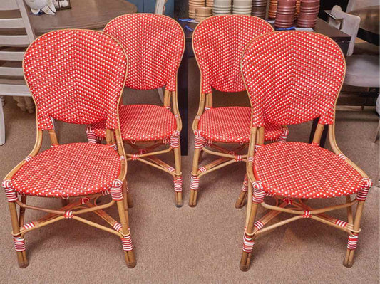 Set Of 4 Frontgate  Red & White Woven Bamboo Frame Bistro  Chairs