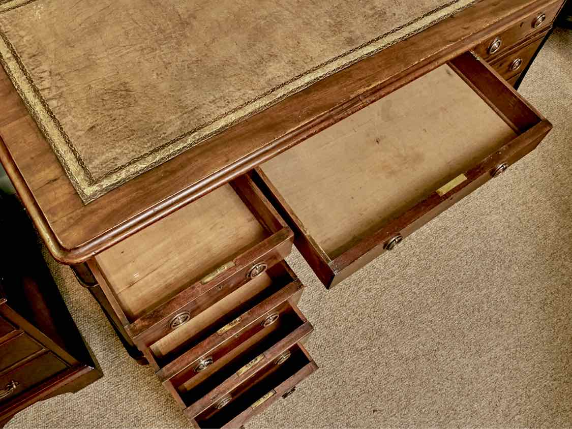 Antique Cherry Leather Top 9 Drawer Desk On Casters