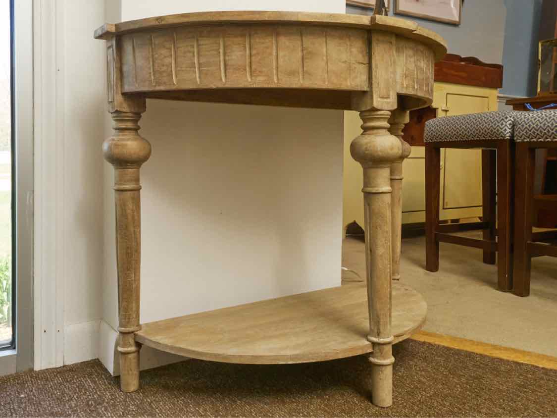 Driftwood Fonish Turned Legs Lower Shelf Demi Lune Accent  Hallway Table