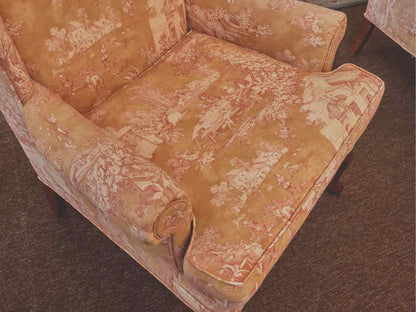 Pair of Toile Upholsterd Wing Back Chairs Includes Toss Pillow