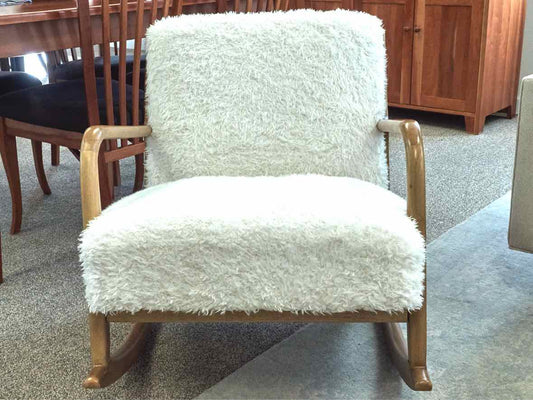 MCM Style Rocking Chair with Faux Sheep Upholstery