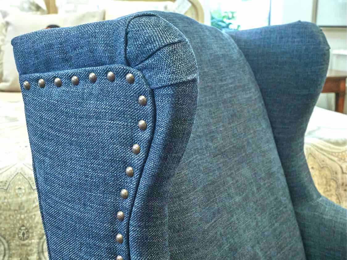Pair of Pottery Barn Wing Back Chairs in Denim Blue Upholstery