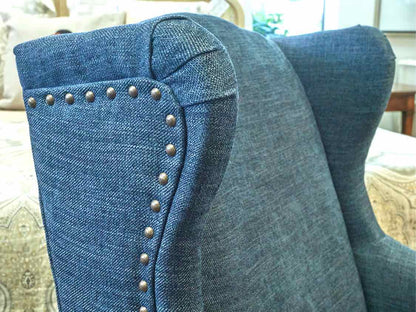 Pair of Pottery Barn Wing Back Chairs in Denim Blue Upholstery