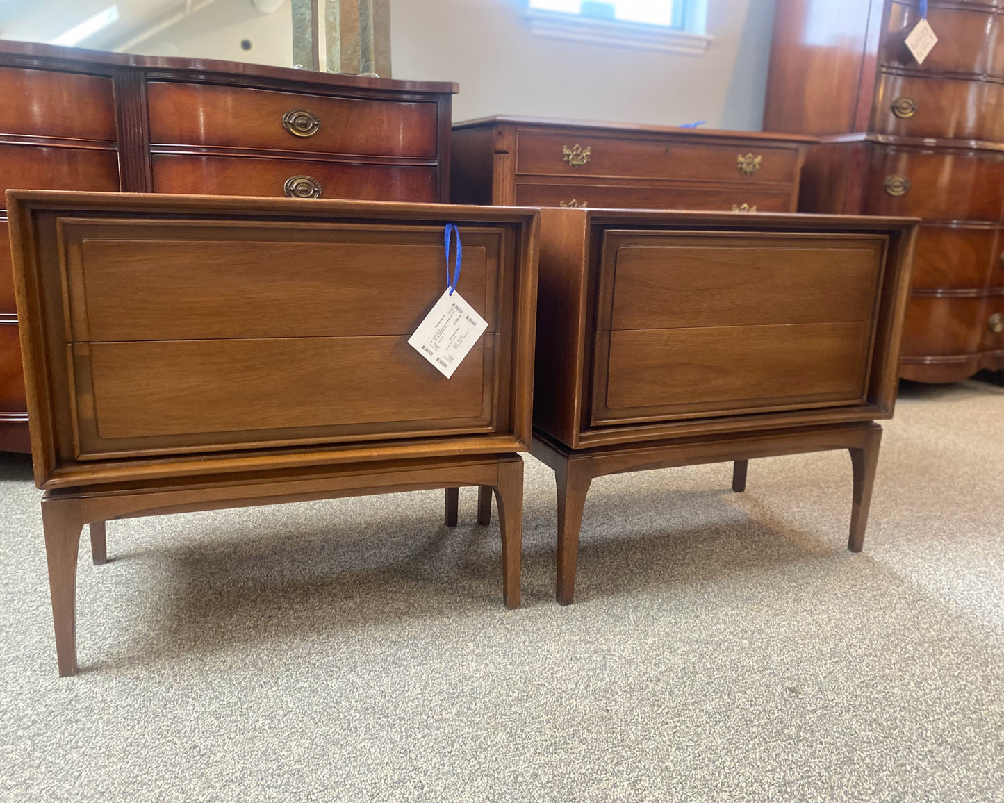 Pair of Red Lion Solid Mahogany MCM Style Nightstands