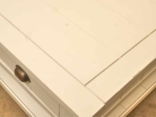 White Finish Plank Top 3 Drawer Lower Shelf Cocktail Table