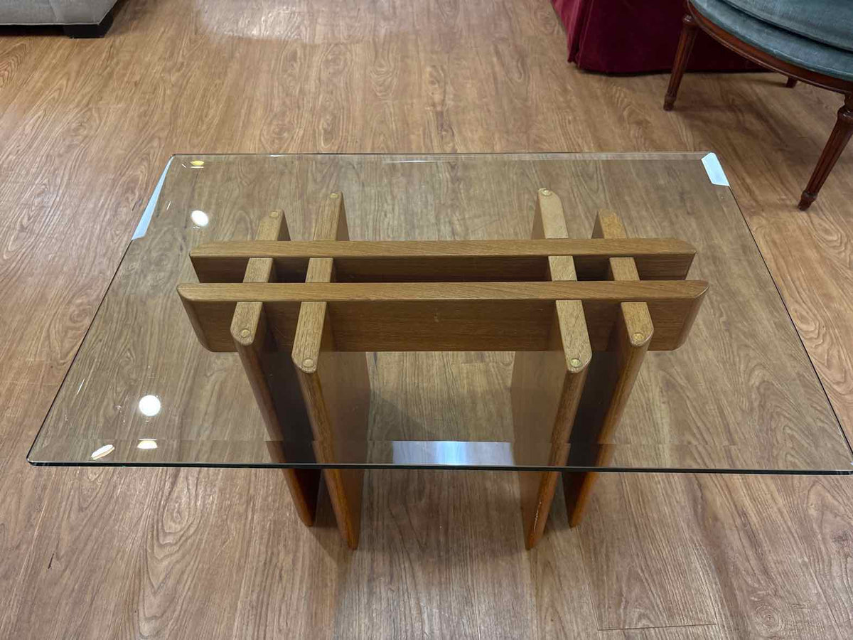 Mid-Century Modern Rectangular Teak Glass Top Side Table