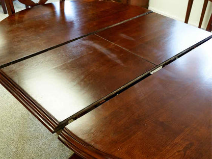 Round Cherry Pedestal Table with Leaf & Set of 4 Chairs with Navy & White Seats