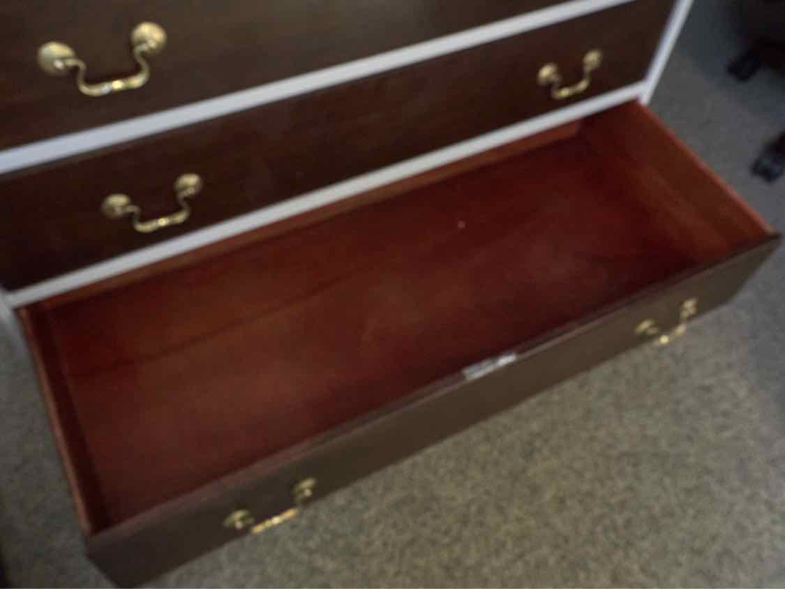 Arctic Finish 5 Dark Cherry Drawer Dresser with Back Splash