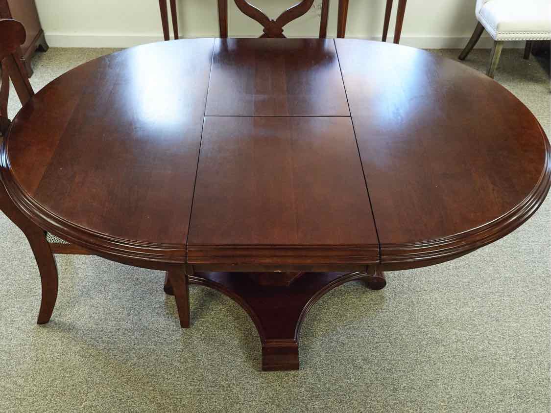 Round Cherry Pedestal Table with Leaf & Set of 4 Chairs with Navy & White Seats