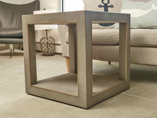 Pair of RH  Grey Shagreen Square  Side Tables with Gold Trim Accent