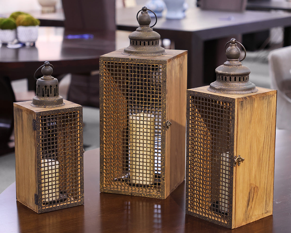 Set of 3 Wood Rusted Metal Lanterns & Luminara Candles w/ Remote