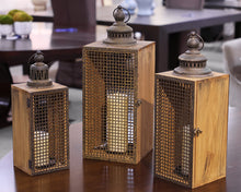 Set of 3 Wood Rusted Metal Lanterns & Luminara Candles w/ Remote