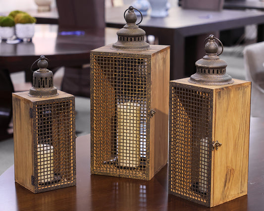Set of 3 Wood Rusted Metal Lanterns & Luminara Candles w/ Remote