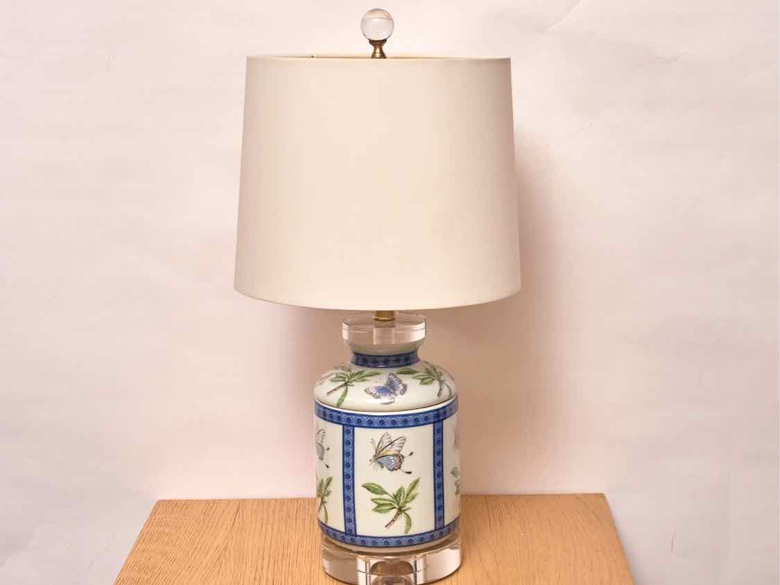Blue and White Porcelain Butterfly Tissue Box Lamp with Oyster Retro Drum Shade