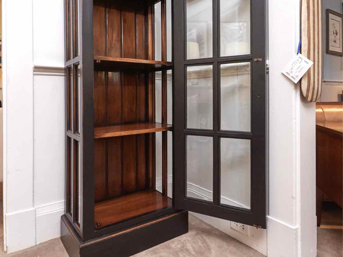 Distressed Black Finish Glass Door & Sides 4 Shelf Display Cabinet