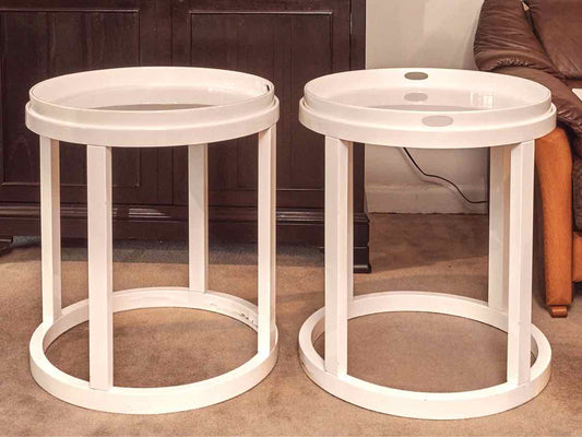 Pair  Of White Laminate Round Removable Tray Side Tables