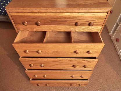Oak 5 Drawer Chest with Double Wood Knobs