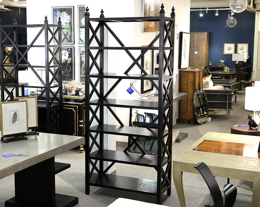 Black Etagere with Crisscross Side Detail and Top Finials