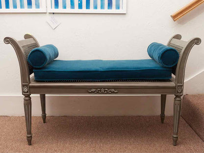 Gray Finish Cain Bench with Silver Accents & Peacock Blue Velvet Cushion