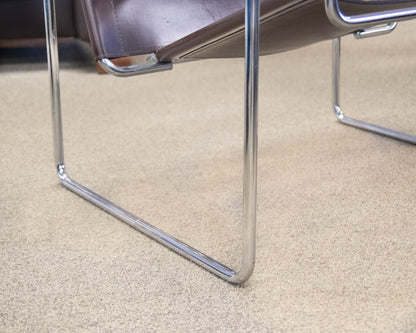 Pair Of "Wassily Style" Brown Leather Sling Back Chairs On Tubular Chrome Frame