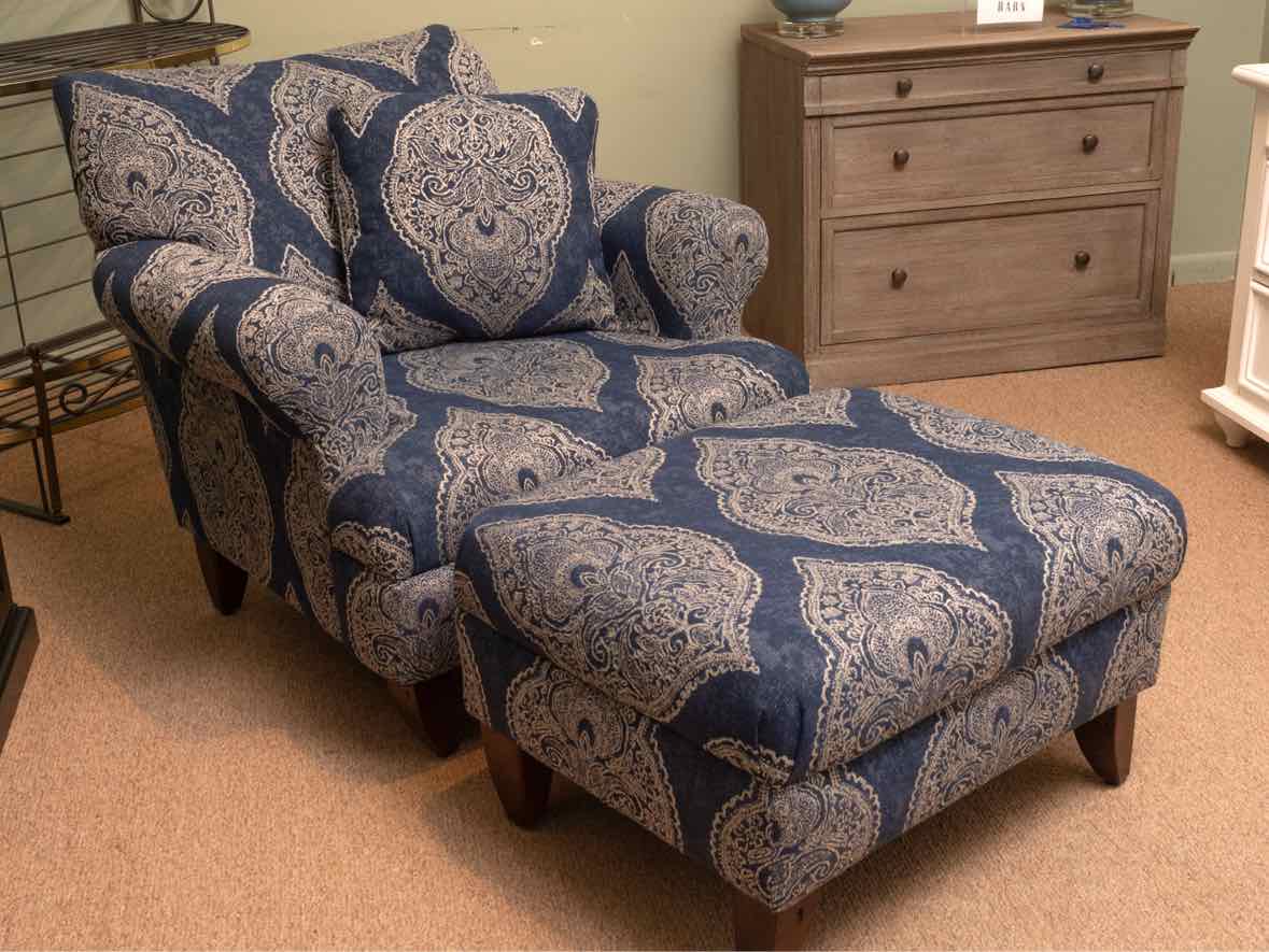 Indigo Blue With Paisley  Design Upholstery Chair & Ottoman