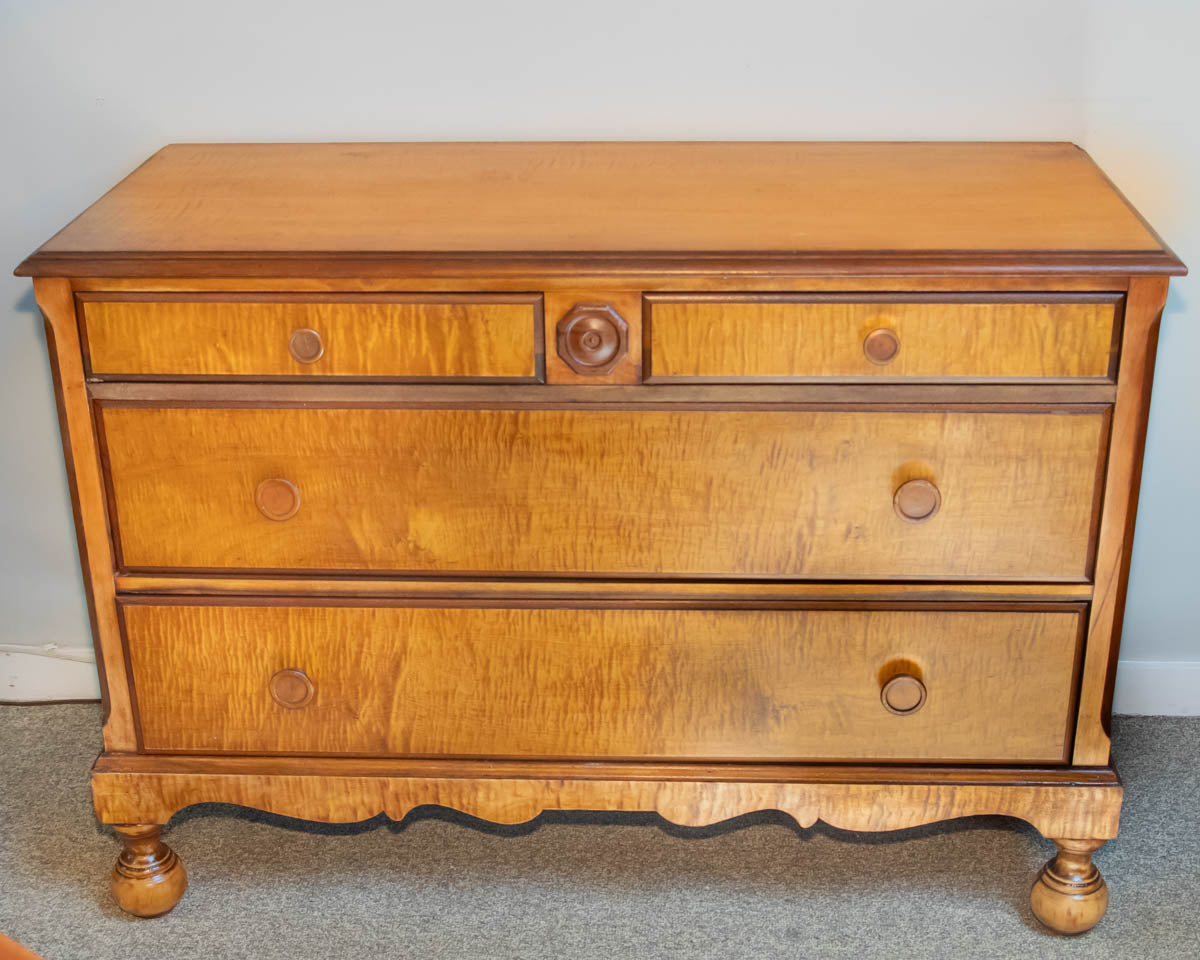 Tiger Maple 4-Drawer Chest with Wood Pulls and Turned Feet