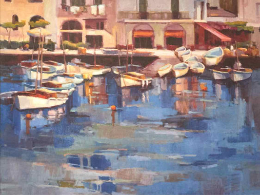Distressed Gold Framed Oil Print  Of Harbor On Canvas