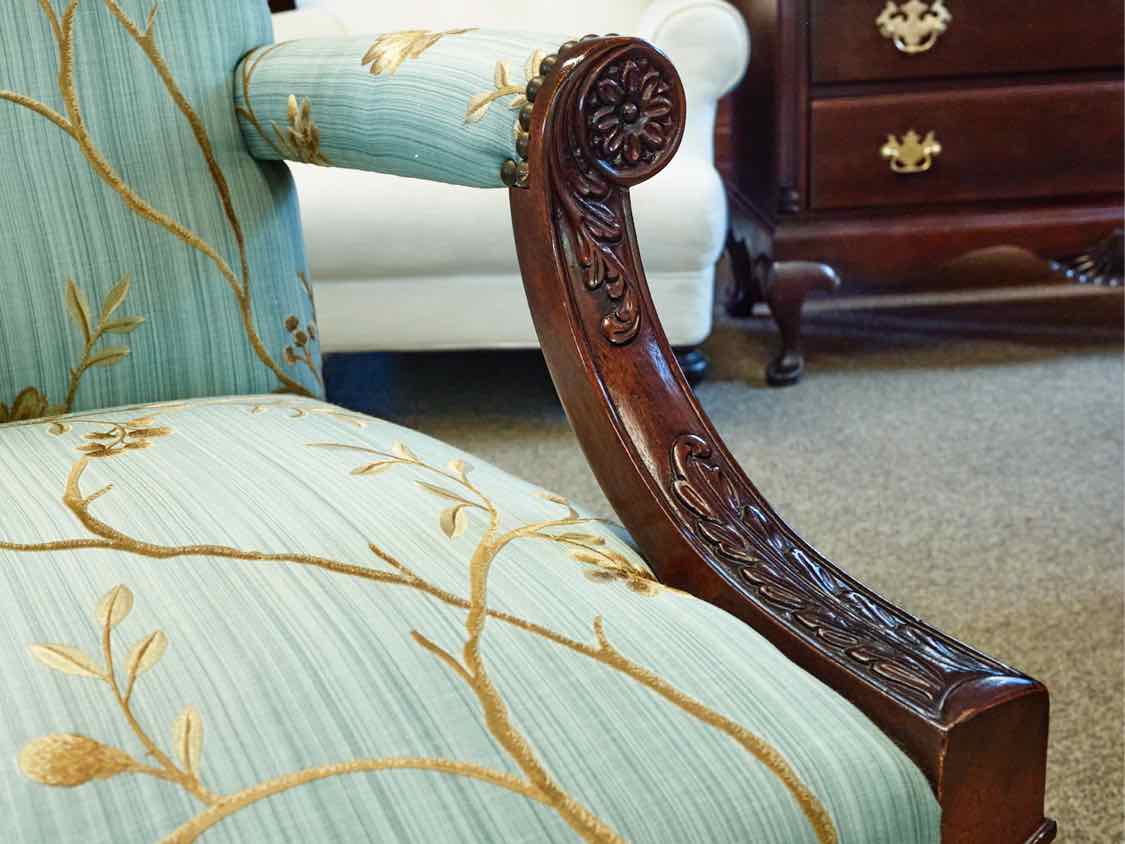 Pair of Custom Carved Mahogany Framed Arm Chairs
