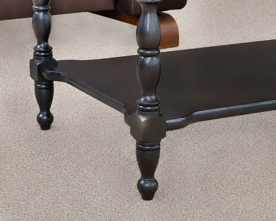 Tiger Maple Top Cocktail Table with Black Finish Spool Leg Base
