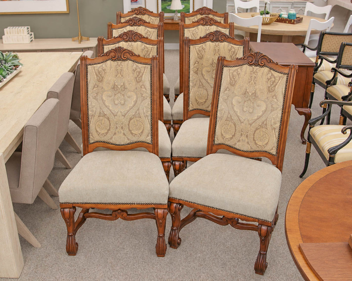 Set of 8 Carved Dining Chairs with Pale Gold Upholstery & Bronze Nailhead Trim