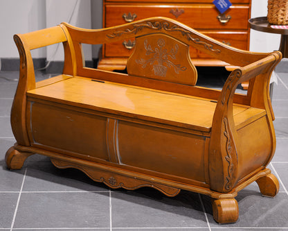 Light Oak Storage Bench With Floral Detail