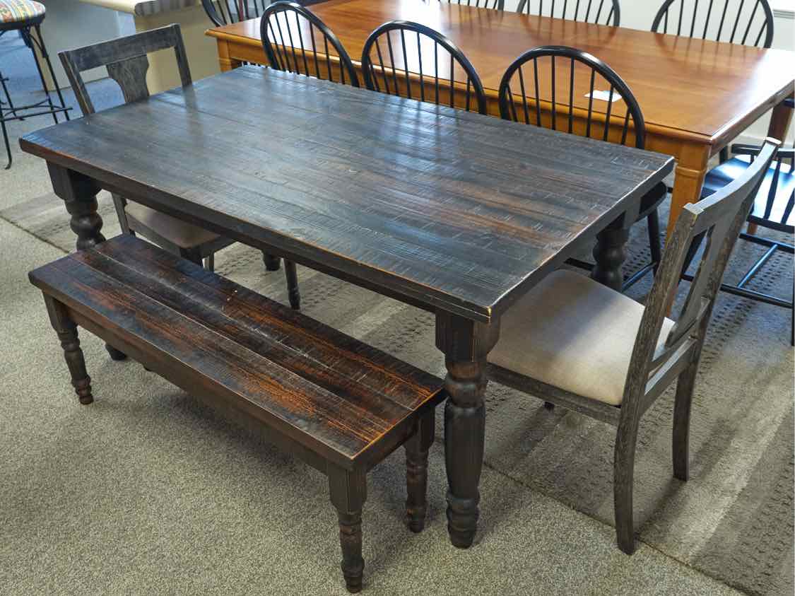 Rustic Barnboard Dining Table, Bench & Pair of Chairs in Dark Rub-Thru Finish