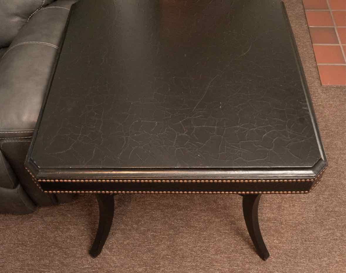 Ethan Allen Black Leather Wrapped Nailhead Trim Round  Accent Table