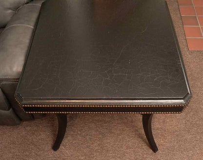 Ethan Allen Black Leather Wrapped Nailhead Trim Round  Accent Table