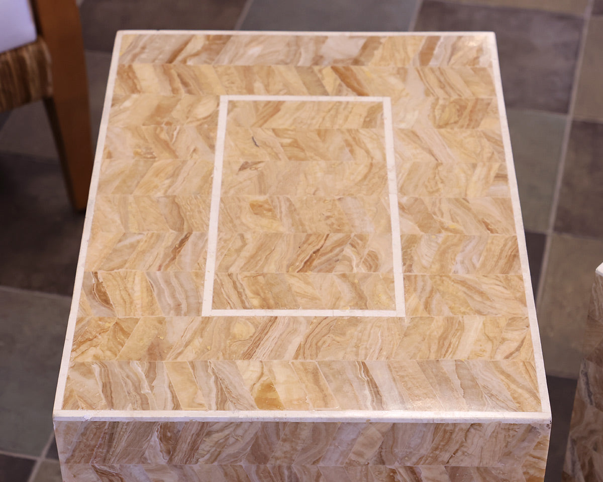 Pair of Sherrill Furniture Alana Stone Side Tables in Cream/Brown Pattern.