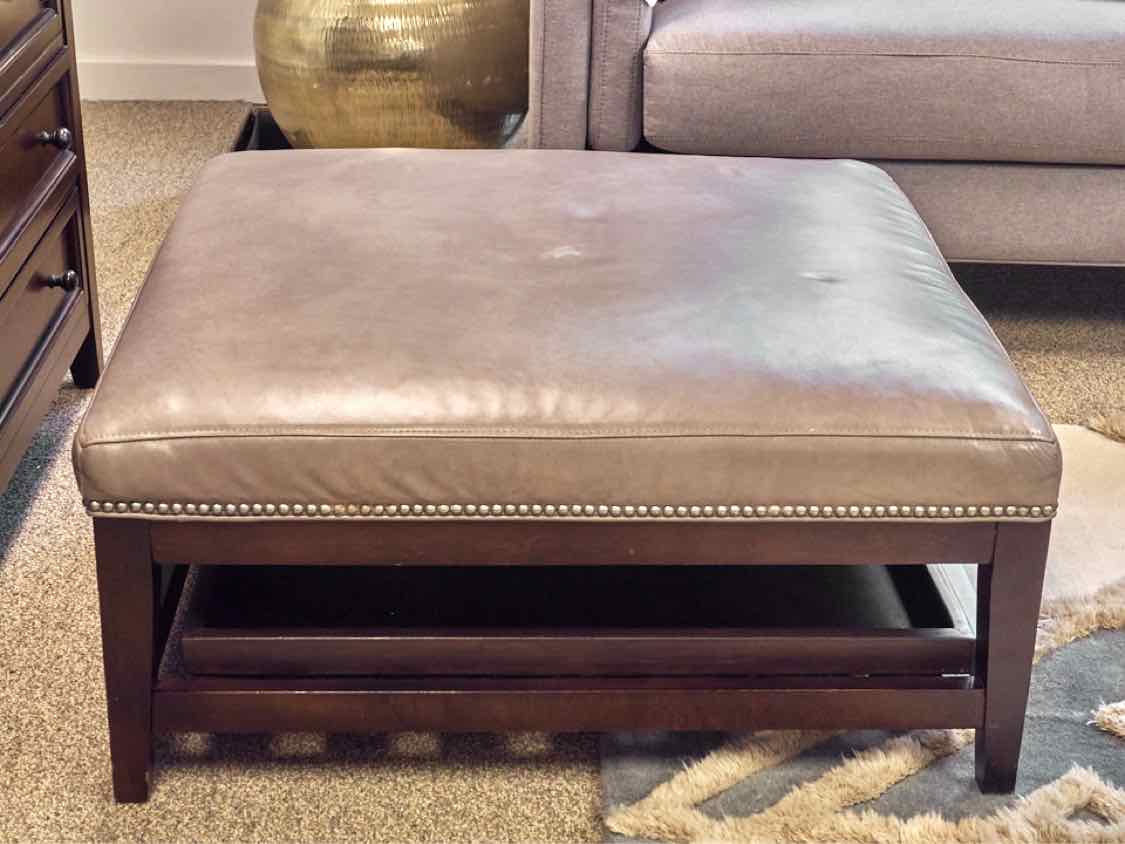 Square Faux Leather Ottoman in Light Gray