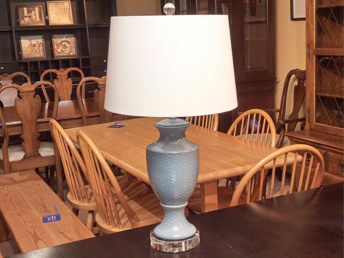 Ice Blue Basket Weave Porcelain Table Lamp With White Linen Shade