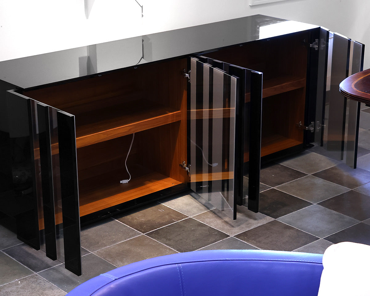 Black Lacquer Sideboard with Lighted Interior Wood Shelves