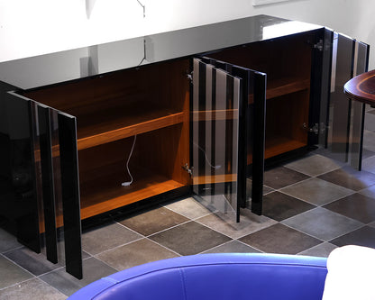 Black Lacquer Sideboard with Lighted Interior Wood Shelves