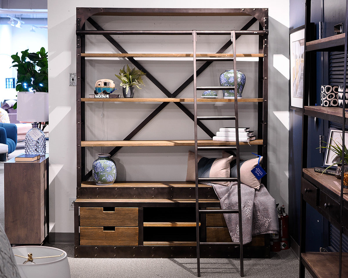 Industrial Two-Piece Library Bookcase With Ladder