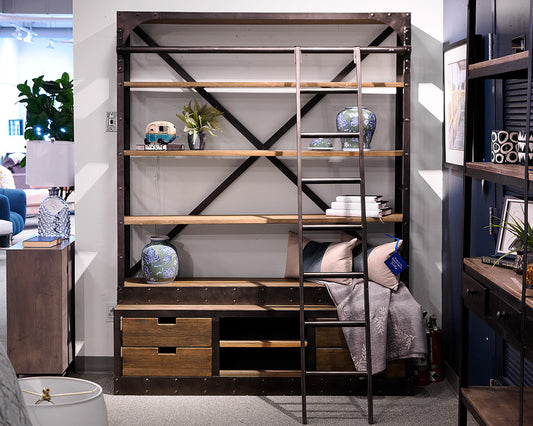 Industrial Two-Piece Library Bookcase With Ladder