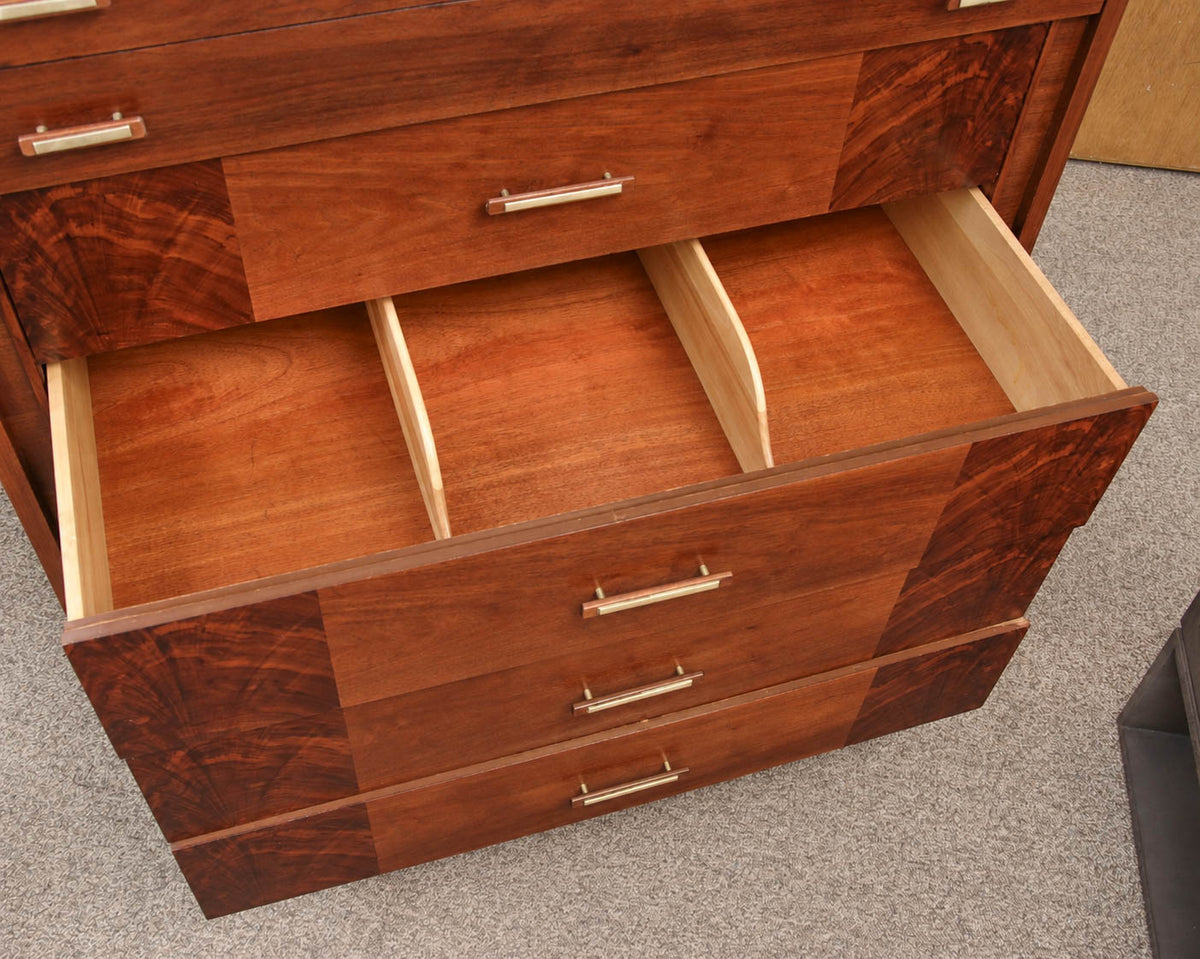 Walnut Mid Century Modern 5 Drawer Chest with Brass Accent Handles